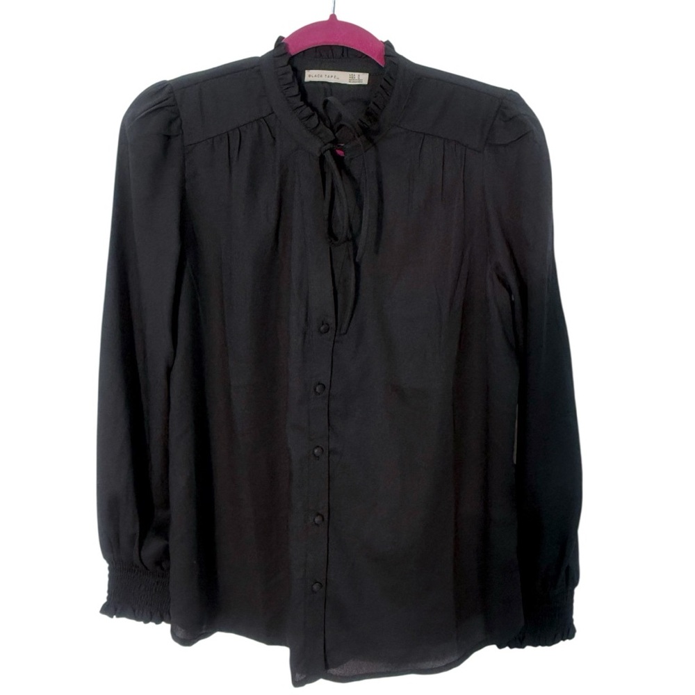 $70 Black silky Button-Up Blouse tie keyhole neck